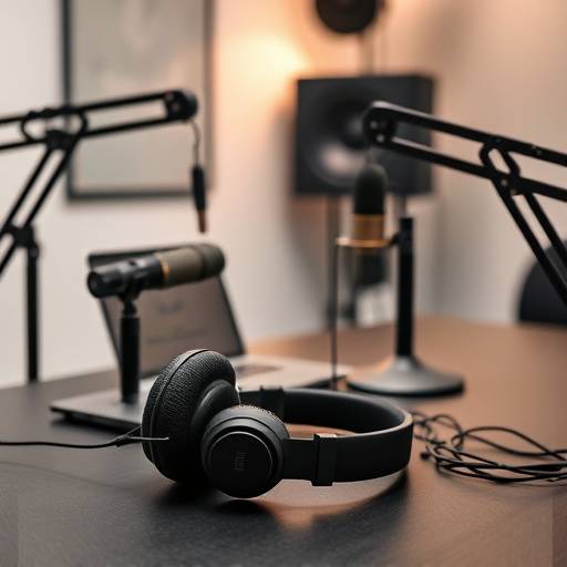 Configuraäão de gravaäão de podcast com microfones e fones de ouvido em uma mesa no Ondas Criativas Estüdio.