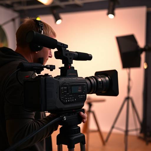 Câmera de vídeo profissional sendo operada durante uma filmagem no estüdio Ondas Criativas.