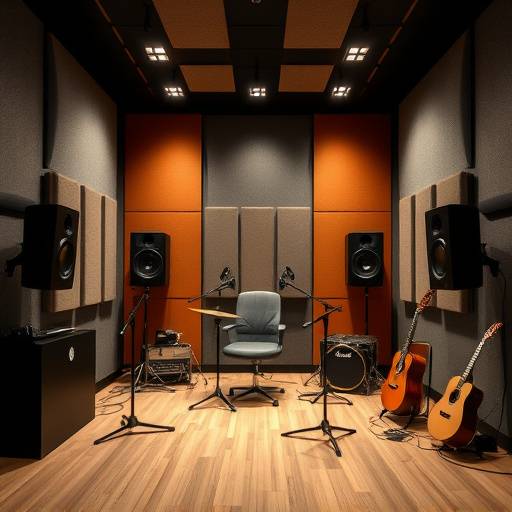 Sala de gravaäão acusticamente tratada no estüdio Ondas Criativas