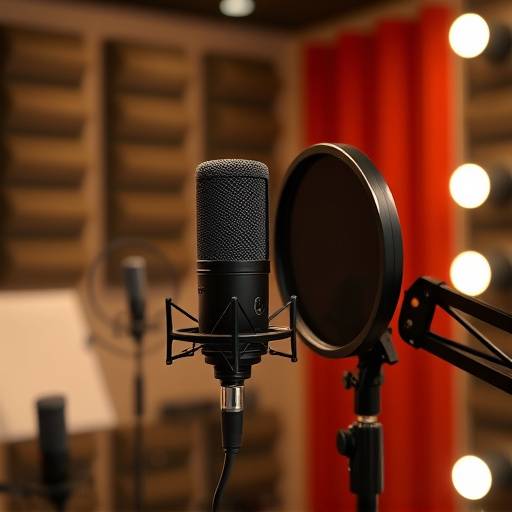 Um microfone Neumann U87 posicionado em frente a um filtro pop, pronto para gravar vocais no Ondas Criativas Estüdio.
